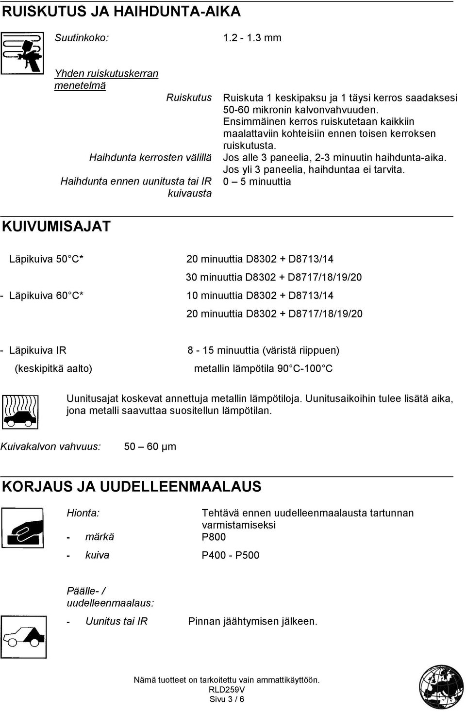 Ensimmäinen kerros ruiskutetaan kaikkiin maalattaviin kohteisiin ennen toisen kerroksen ruiskutusta. Jos alle 3 paneelia, 2-3 minuutin haihdunta-aika. Jos yli 3 paneelia, haihduntaa ei tarvita.