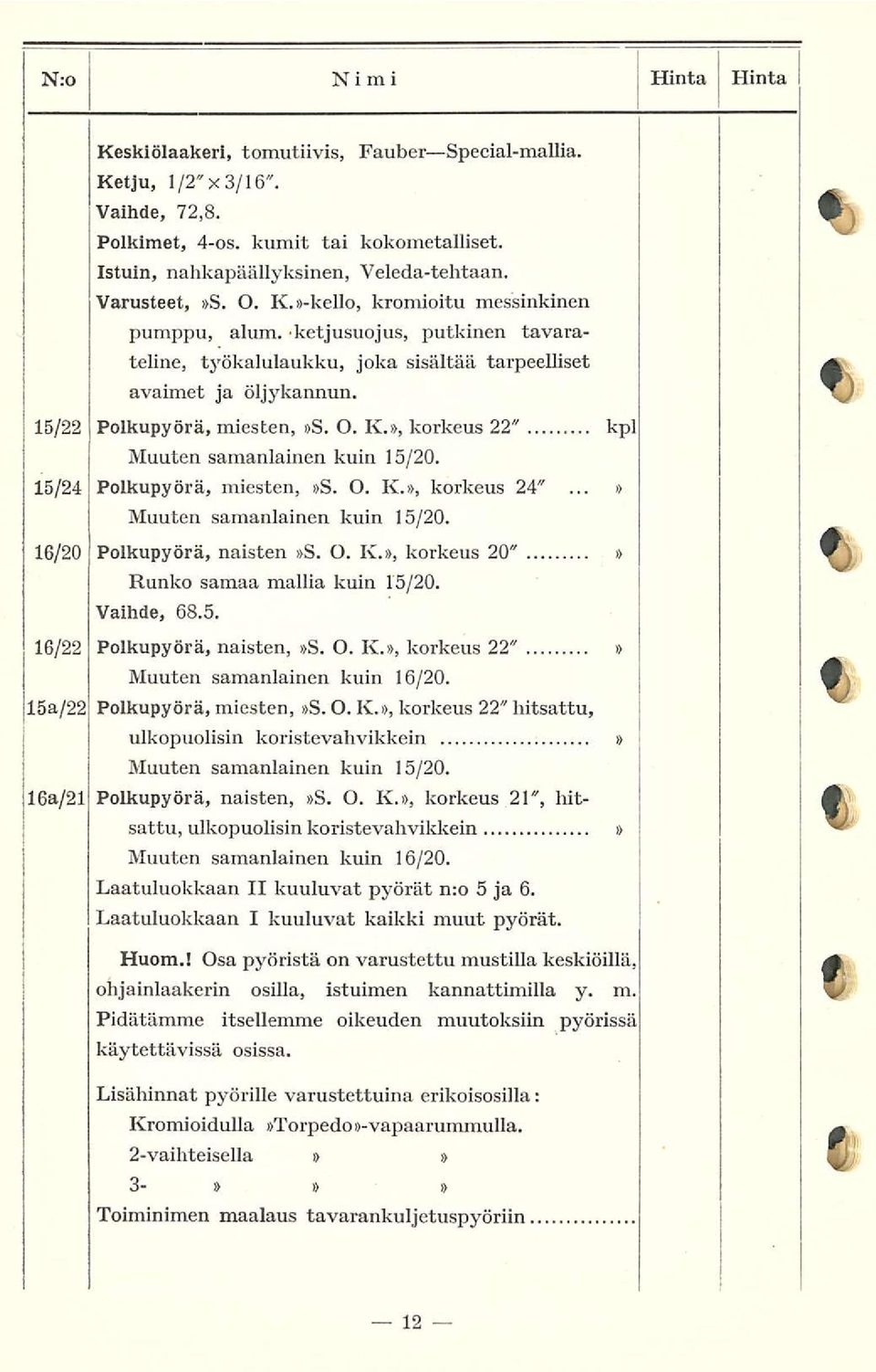 .. Muuten samanlainen kuin 15/20. 15/24 Polkupyörä, miesten, S. O. K., korkeus 24"... Muuten samanlainen kuin 15/20. kpl 16/20 Polkupyörä, naisten S. O. K., korkeus 20" Runko samaa mallia kuin 15/20.