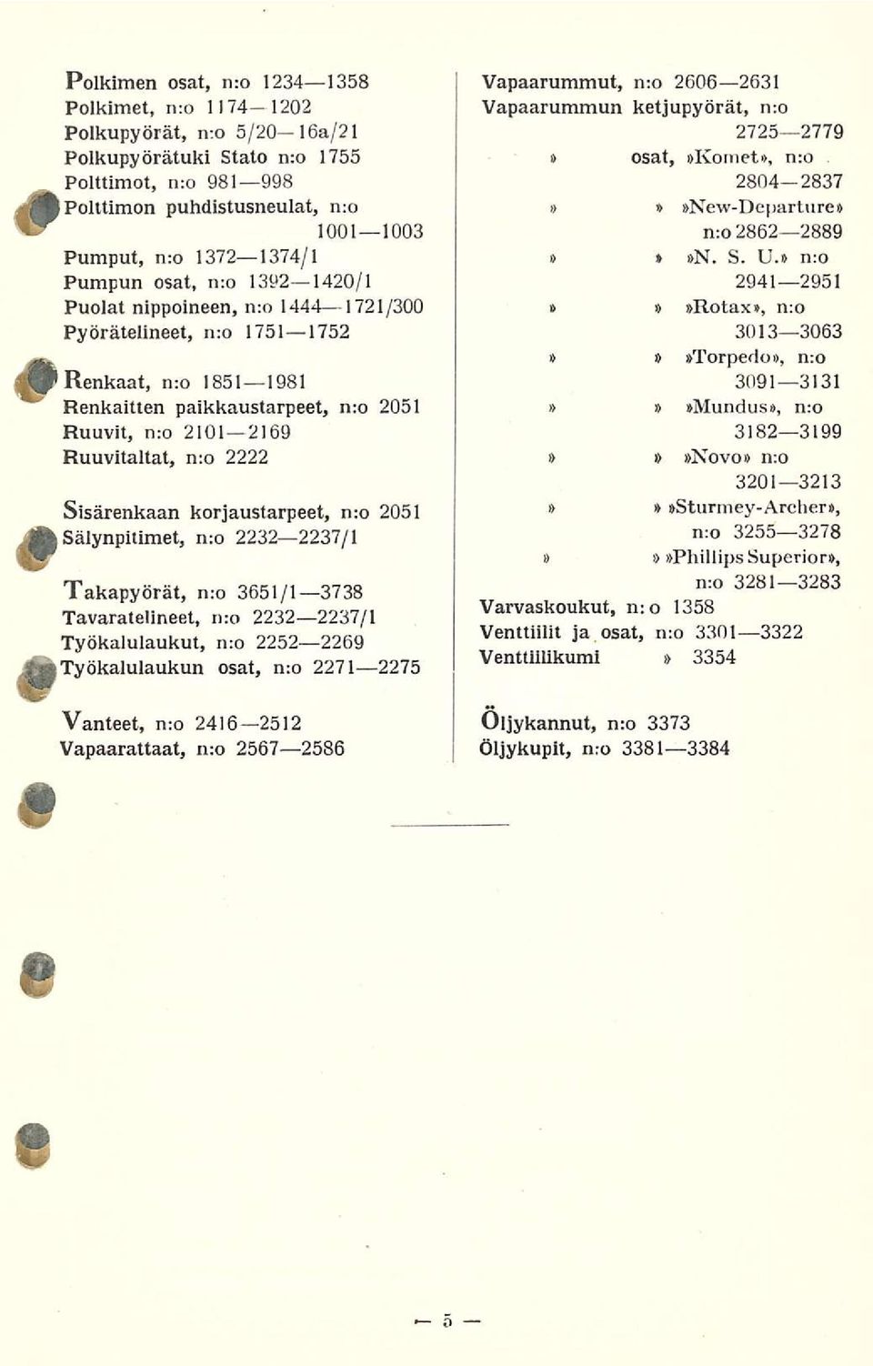 nro 2222 Sisärenkaan korjaustarpeet, nro 2051 Sälynpitimet, nro 2232 2237/1 Takapyörät, nro 3651/1 3738 Tavaratellneet, nro 2232 2237/1 Työkalulaukut, nro 2252 2269 osat, nro 2271 2275 Vanteet, nro