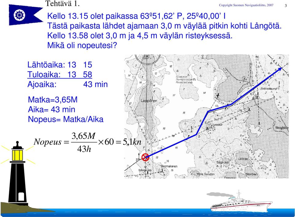 väylää pitkin kohti Långötä. Kello 13.58 olet 3,0 m ja 4,5 m väylän risteyksessä.