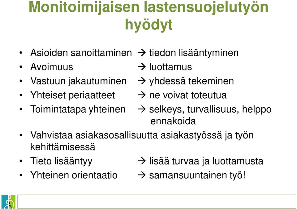 voivat toteutua selkeys, turvallisuus, helppo ennakoida Vahvistaa asiakasosallisuutta asiakastyössä