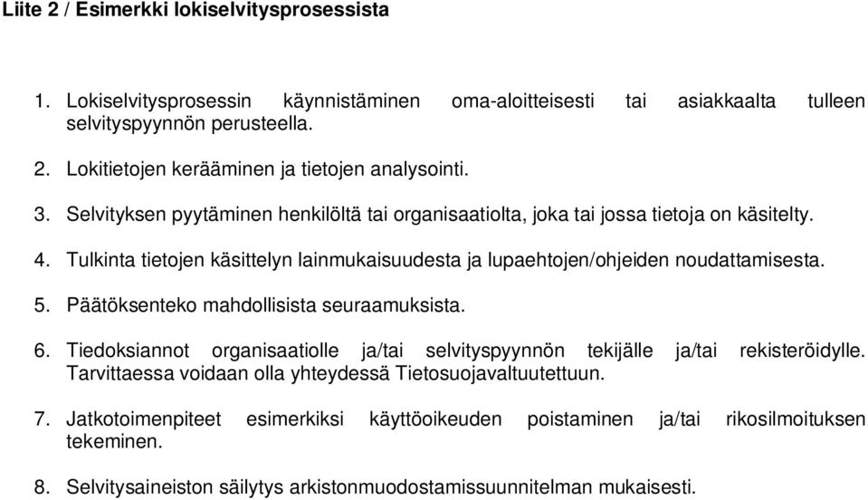 Päätöksenteko mahdollisista seuraamuksista. 6. Tiedoksiannot organisaatiolle ja/tai selvityspyynnön tekijälle ja/tai rekisteröidylle.