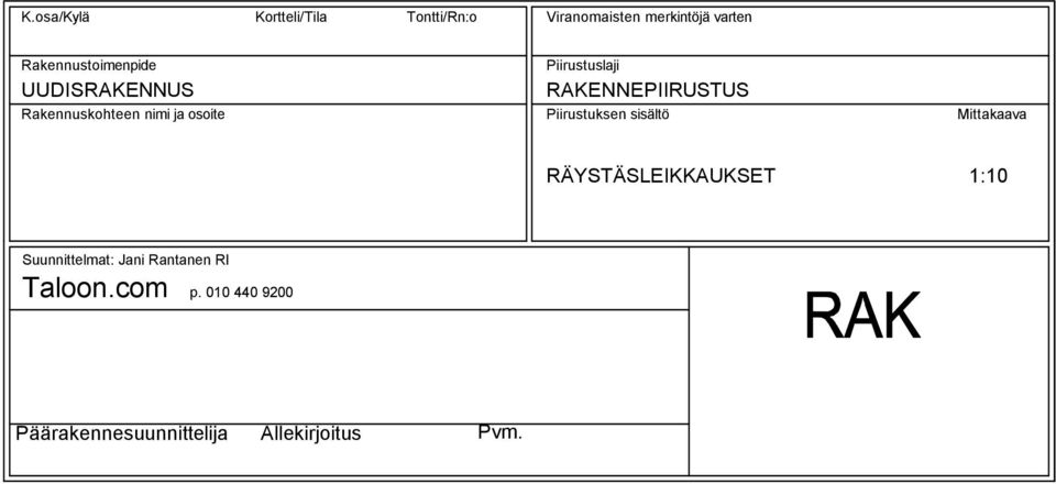 RAKNNPIIRUSTUS Piirustuksen sisältö Mittakaava RÄYSTÄSLIKKAUKST 1:10