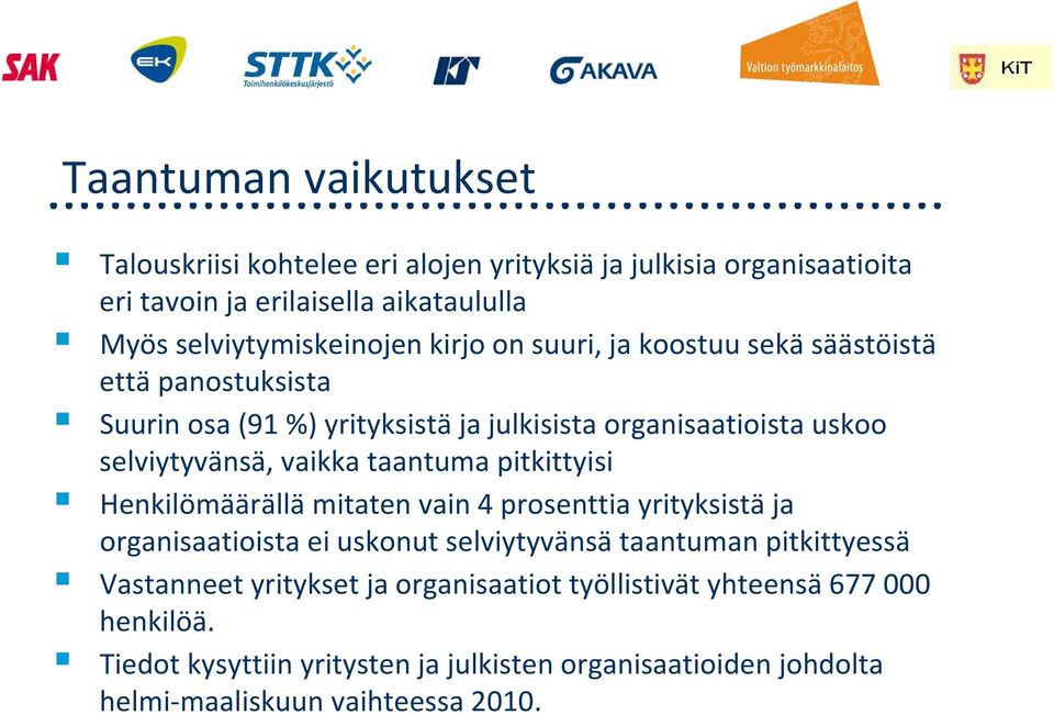 taantuma pitkittyisi Henkilömäärällä mitaten vain 4 prosenttia yrityksistä ja organisaatioista ei uskonut selviytyvänsä taantuman pitkittyessä Vastanneet