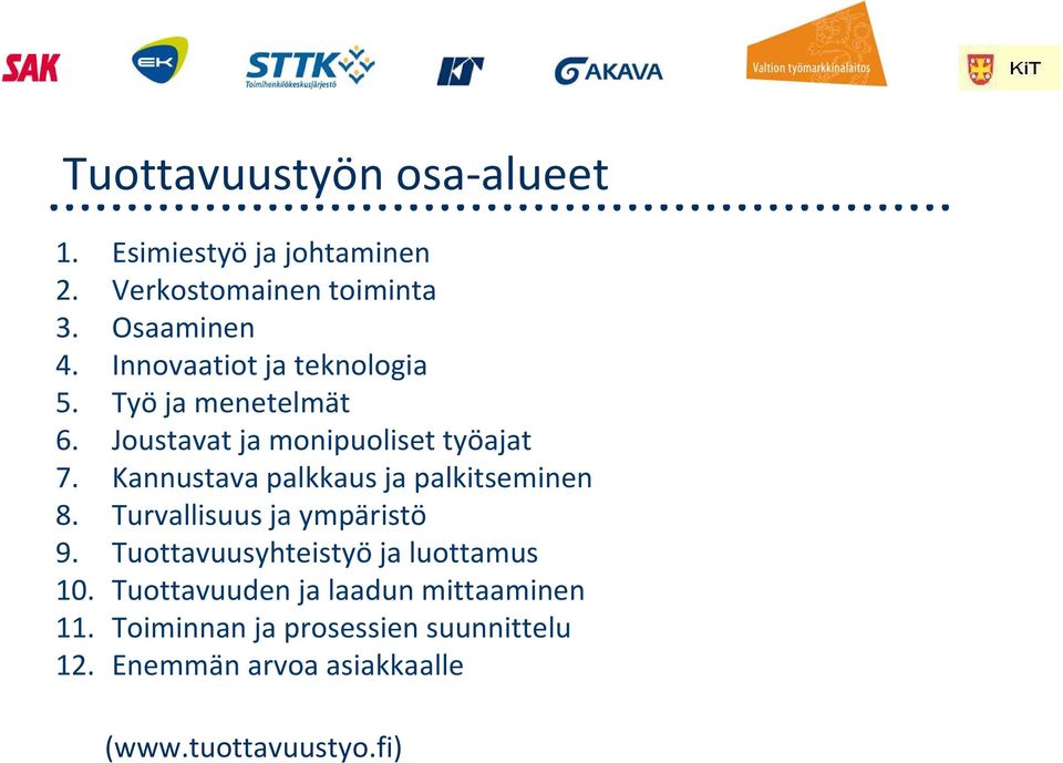 Kannustava palkkaus ja palkitseminen 8. Turvallisuus ja ympäristö 9. Tuottavuusyhteistyö ja luottamus 10.