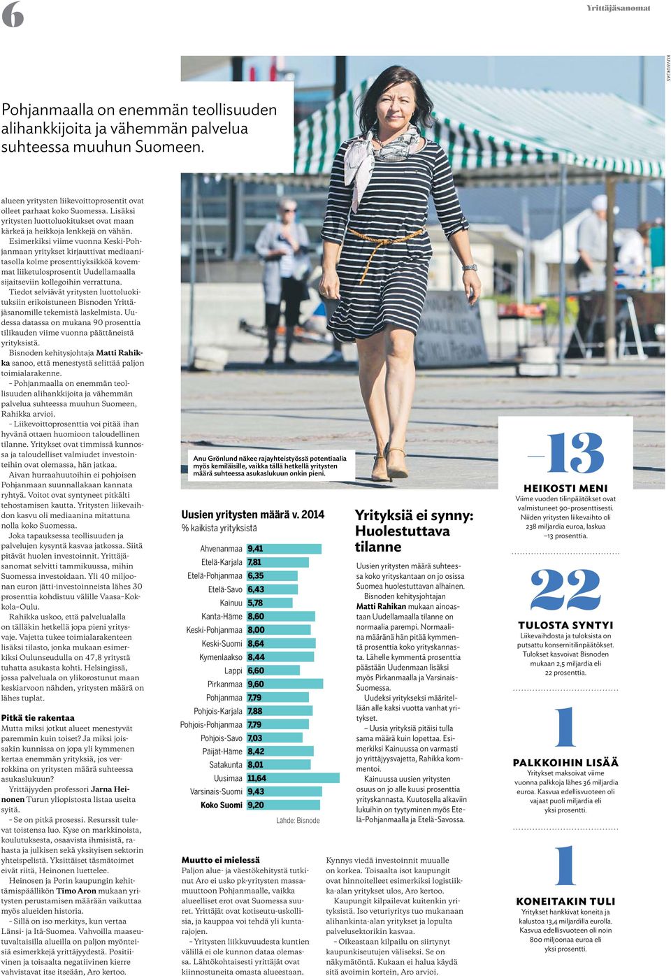 Esimerkiksi viime vuonna Keski-Pohjanmaan yritykset kirjauttivat mediaanitasolla kolme prosenttiyksikköä kovemmat liiketulosprosentit Uudellamaalla sijaitseviin kollegoihin verrattuna.