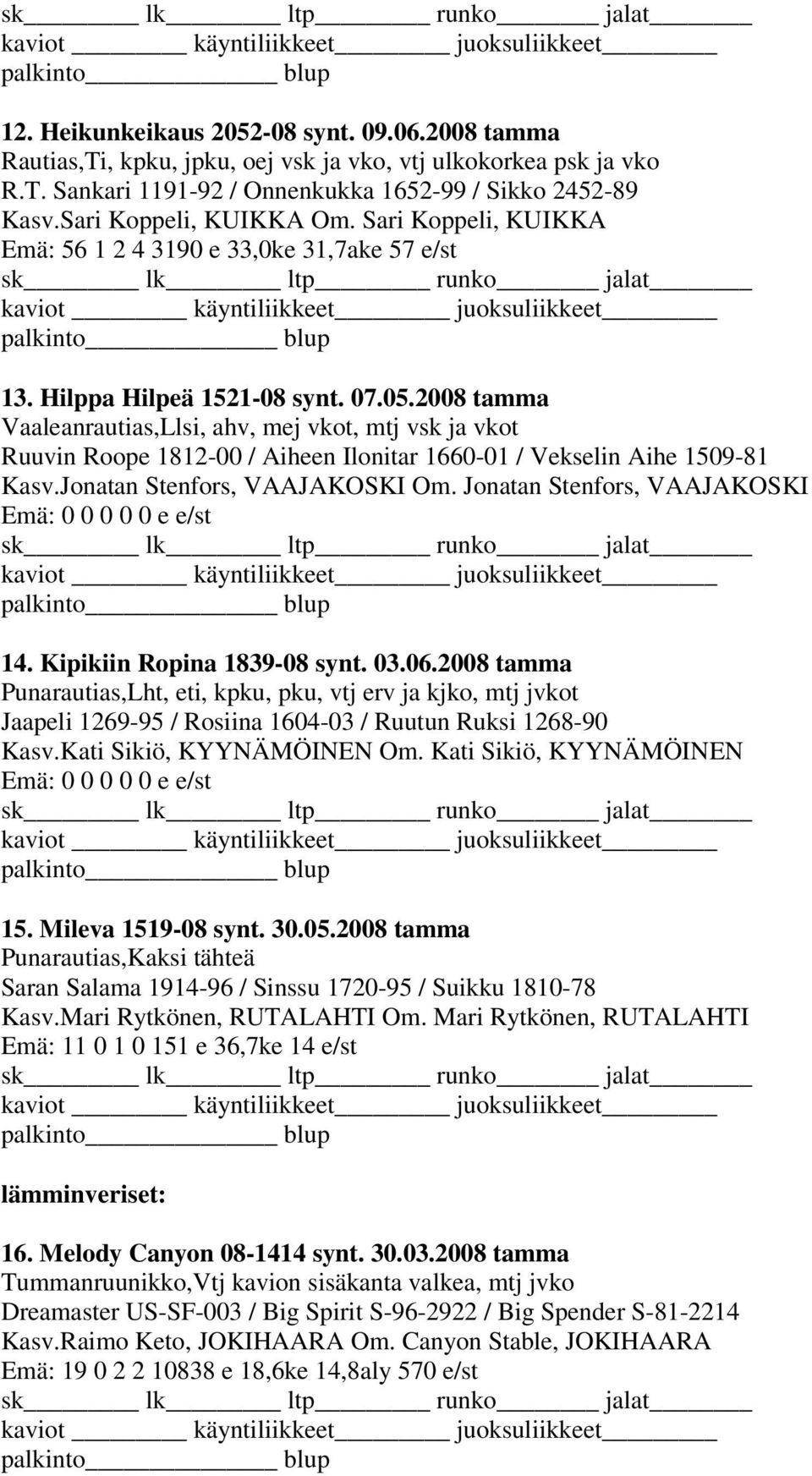 2008 tamma Vaaleanrautias,Llsi, ahv, mej vkot, mtj vsk ja vkot Ruuvin Roope 1812-00 / Aiheen Ilonitar 1660-01 / Vekselin Aihe 1509-81 Kasv.Jonatan Stenfors, VAAJAKOSKI Om.