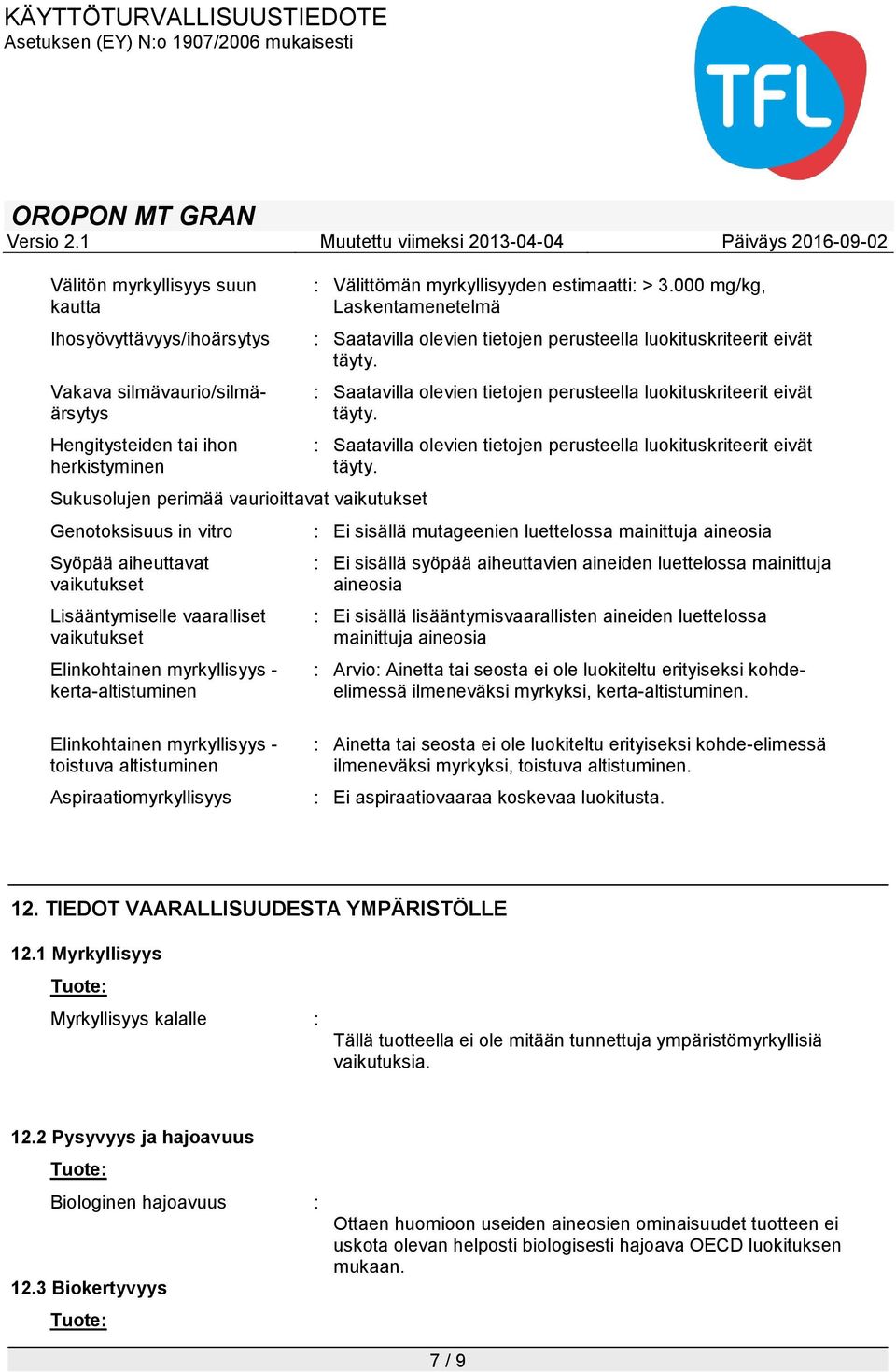 000 mg/kg, Laskentamenetelmä : Saatavilla olevien tietojen perusteella luokituskriteerit eivät täyty.