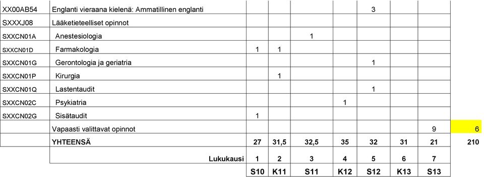 Kirurgia 1 SXXCN01Q Lastentaudit 1 SXXCN02C Psykiatria 1 SXXCN02G Sisätaudit 1 Vapaasti