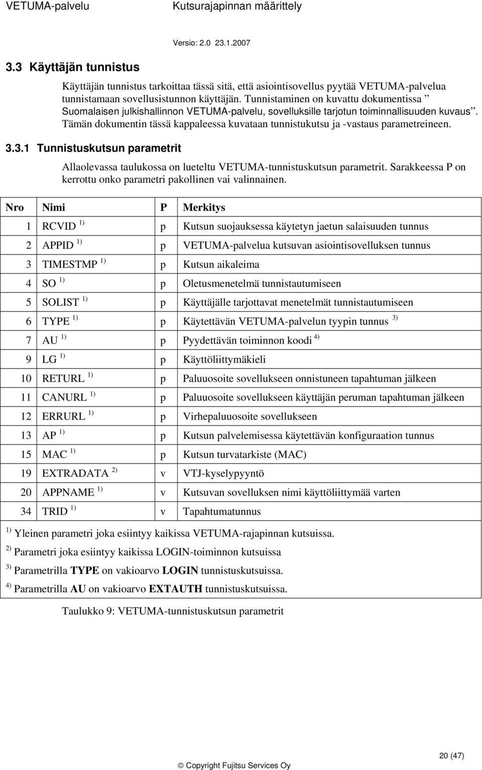 Tämän dkumentin tässä kappaleessa kuvataan tunnistukutsu ja -vastaus parametreineen. 3.3.1 Tunnistuskutsun parametrit Allalevassa taulukssa n lueteltu VETUMA-tunnistuskutsun parametrit.