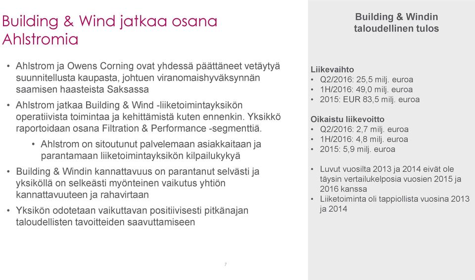 Ahlstrom on sitoutunut palvelemaan asiakkaitaan ja parantamaan liiketoimintayksikön kilpailukykyä Building & Windin kannattavuus on parantanut selvästi ja yksiköllä on selkeästi myönteinen vaikutus