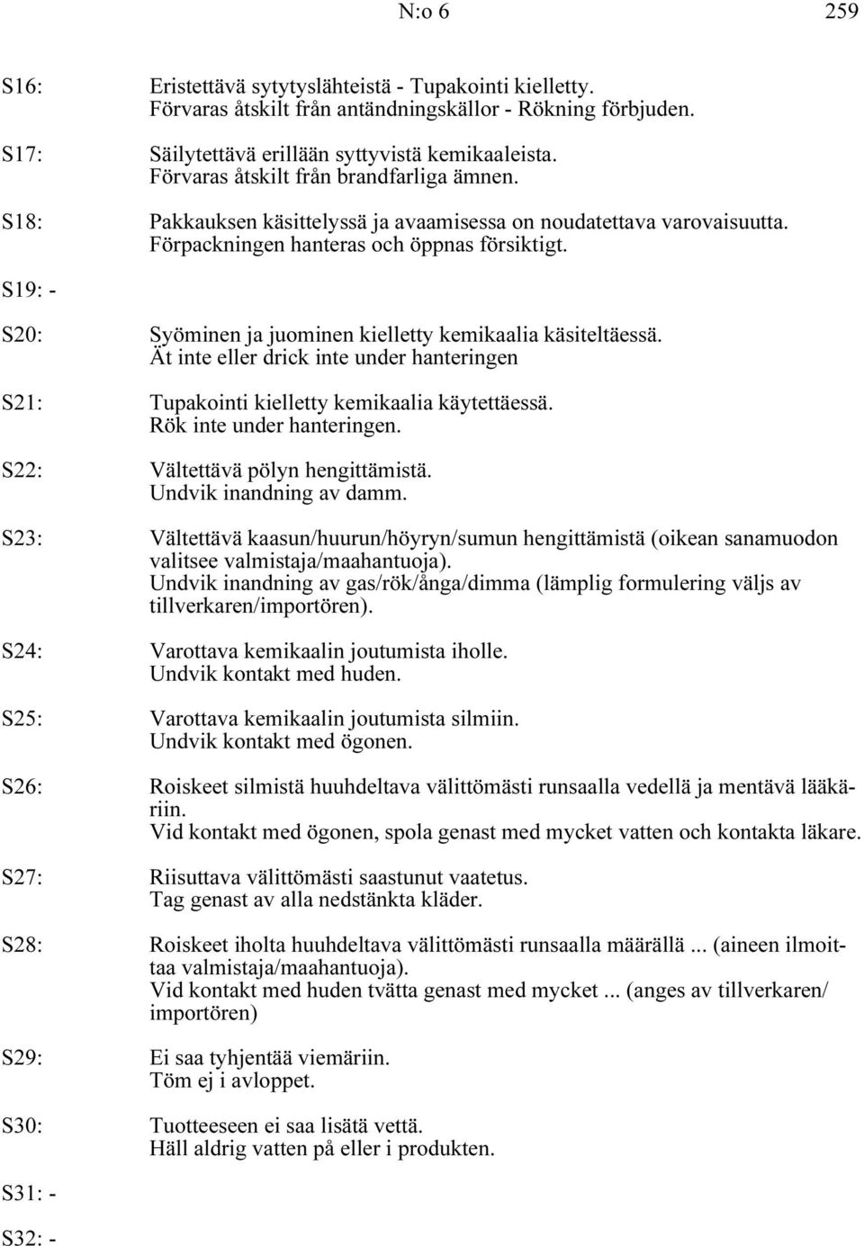 S19: - S20: Syöminen ja juominen kielletty kemikaalia käsiteltäessä. Ät inte eller drick inte under hanteringen S21: Tupakointi kielletty kemikaalia käytettäessä. Rök inte under hanteringen.