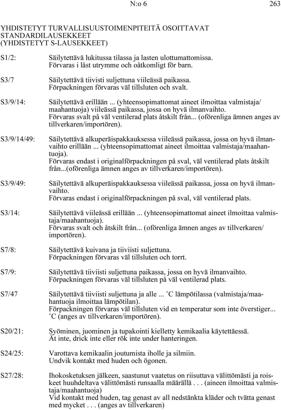 S3/9/14: S3/9/14/49: S3/9/49: S3/14: S7/8: S7/9: Säilytettävä erillään... (yhteensopimattomat aineet ilmoittaa valmistaja/ maahantuoja) viileässä paikassa, jossa on hyvä ilmanvaihto.