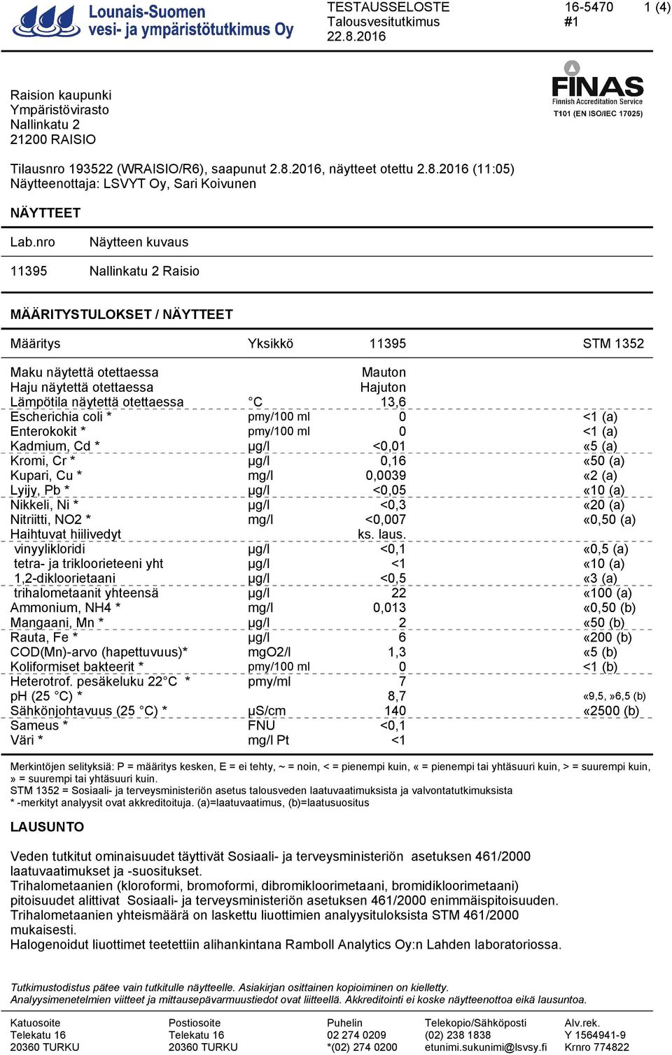 otettaessa C 13,6 Escherichia coli * pmy/100 ml 0 <1 (a) Enterokokit * pmy/100 ml 0 <1 (a) Kadmium, Cd * µg/l <0,01 «5 (a) Kromi, Cr * µg/l 0,16 «50 (a) Kupari, Cu * mg/l 0,0039 «2 (a) Lyijy, Pb *