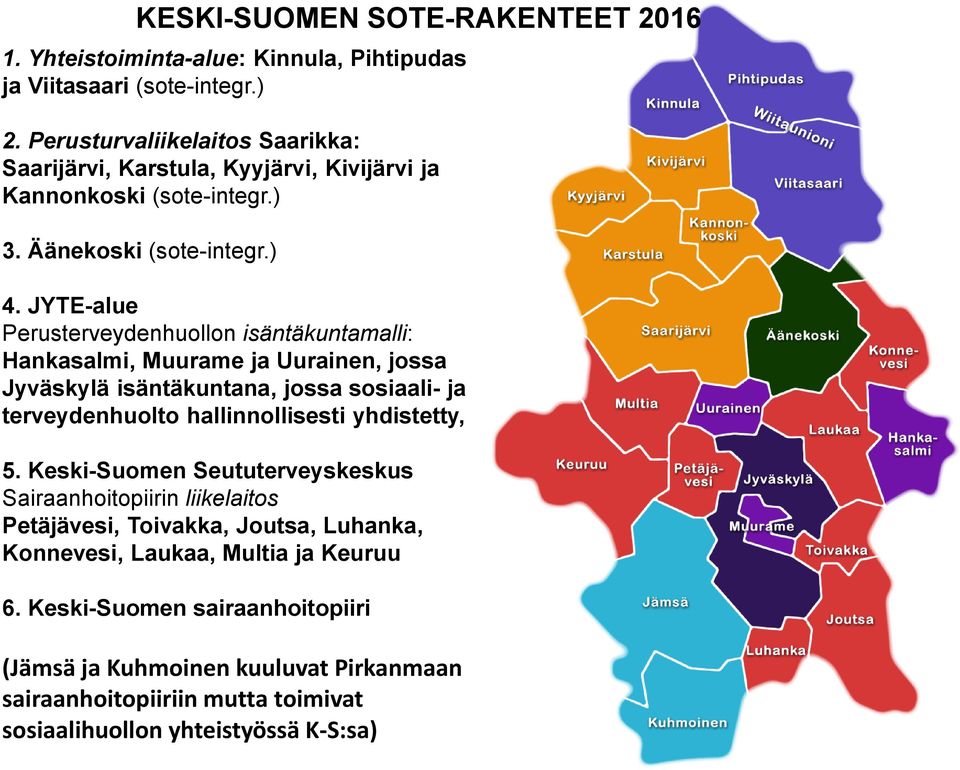 JYTE-alue Perusterveydenhuollon isäntäkuntamalli: Hankasalmi, Muurame ja Uurainen, jossa Jyväskylä isäntäkuntana, jossa sosiaali- ja terveydenhuolto hallinnollisesti