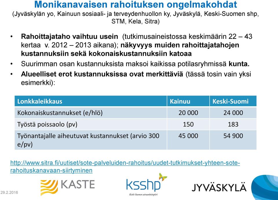 2012 2013 aikana); näkyvyys muiden rahoittajatahojen kustannuksiin sekä kokonaiskustannuksiin katoaa Suurimman osan kustannuksista maksoi kaikissa potilasryhmissä kunta.