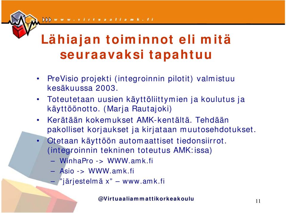 (Marja Rautajoki) Kerätään kokemukset AMK-kentältä. Tehdään pakolliset korjaukset ja kirjataan muutosehdotukset.