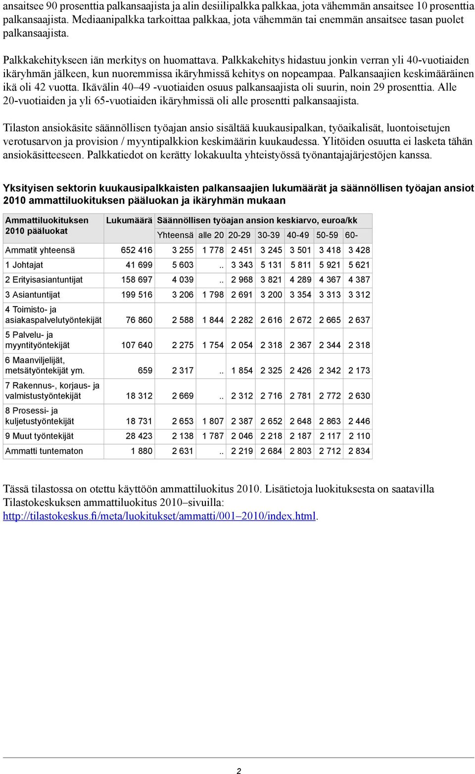 Palkkakehitys hidastuu jonkin verran yli 40-vuotiaiden ikäryhmän jälkeen, kun nuoremmissa ikäryhmissä kehitys on nopeampaa. Palkansaajien keskimääräinen ikä oli 42 vuotta.