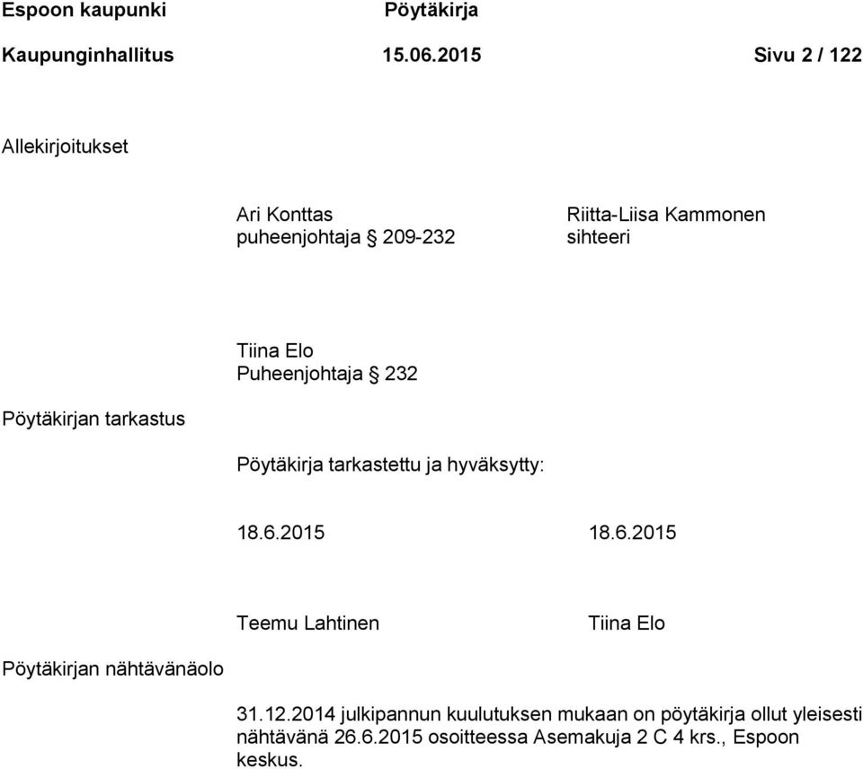 Puheenjohtaja 232 Pöytäkirjan tarkastus Pöytäkirja tarkastettu ja hyväksytty: 18.6.