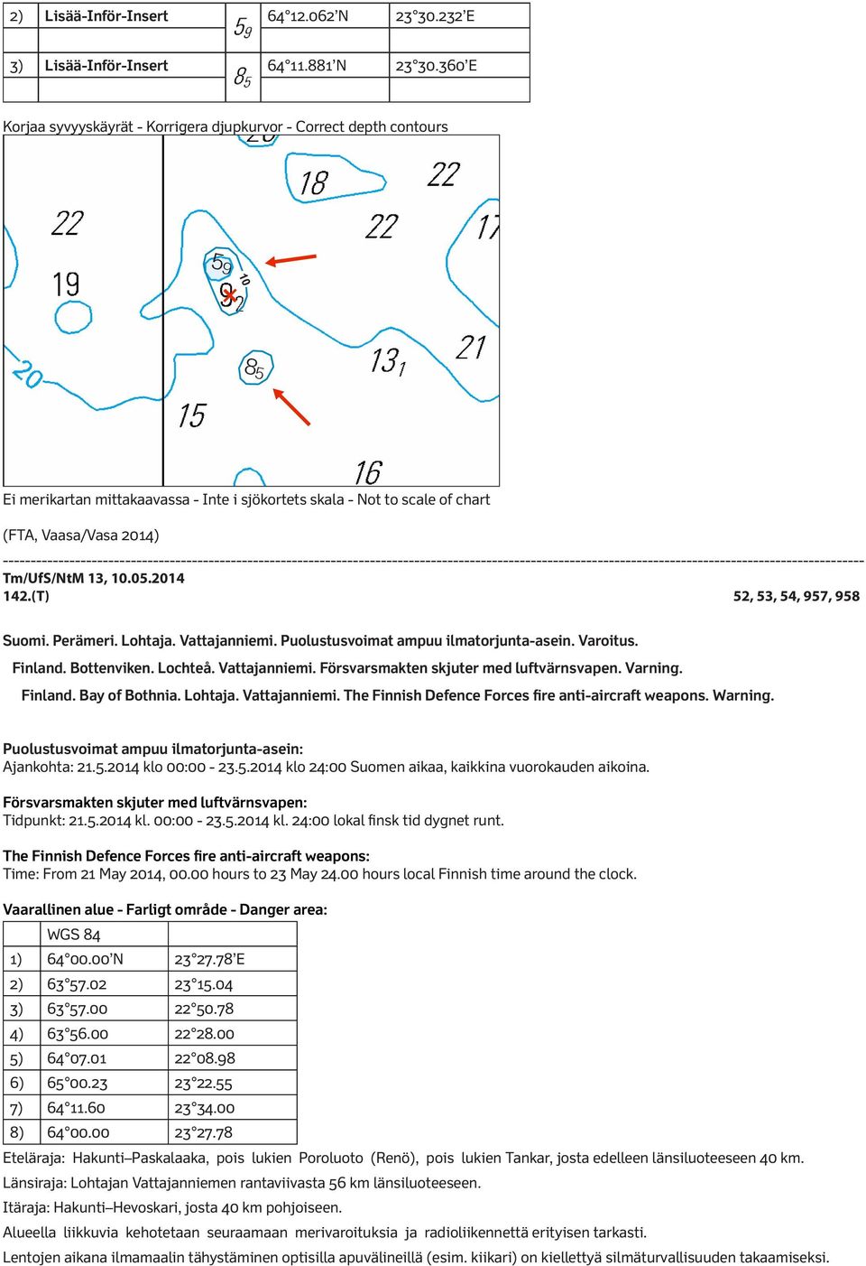 Tm/UfS/NtM 13, 10.05.2014 142.(T) 52, 53, 54, 957, 958 Suomi. Perämeri. Lohtaja. Vattajanniemi. Puolustusvoimat ampuu ilmatorjunta-asein. Varoitus. Finland. Bottenviken. Lochteå. Vattajanniemi. Försvarsmakten skjuter med luftvärnsvapen.