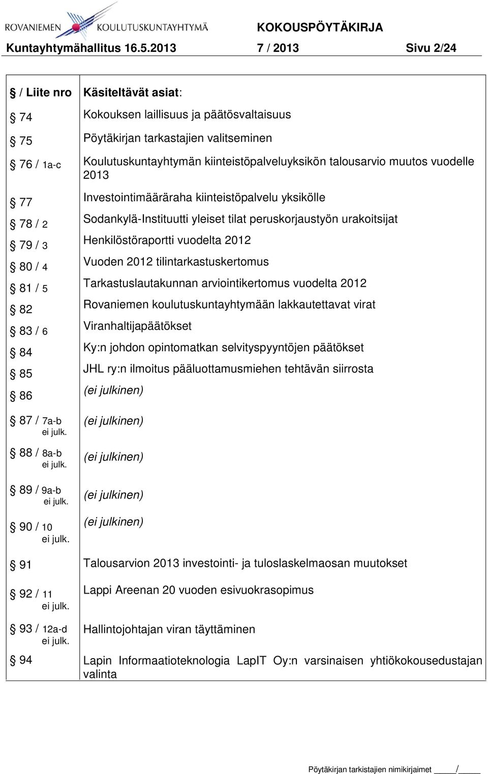 94 Käsiteltävät asiat: Kokouksen laillisuus ja päätösvaltaisuus Pöytäkirjan tarkastajien valitseminen Koulutuskuntayhtymän kiinteistöpalveluyksikön talousarvio muutos vuodelle 2013