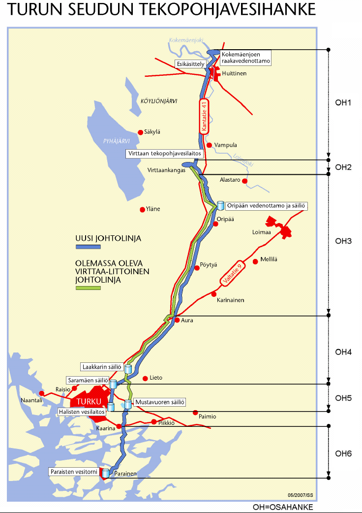 OH 1 OH 2 OH 3 OH 4 OH 5 OH 6 OH 9 Raakaveden ottamo ja esikäsittelylaitos - rakennusaika tammikuu 2008 joulukuu 2009 Siirtolinja Huittinen Virttaankangas - rakennusaika heinäkuu 2008 joulukuu 2009