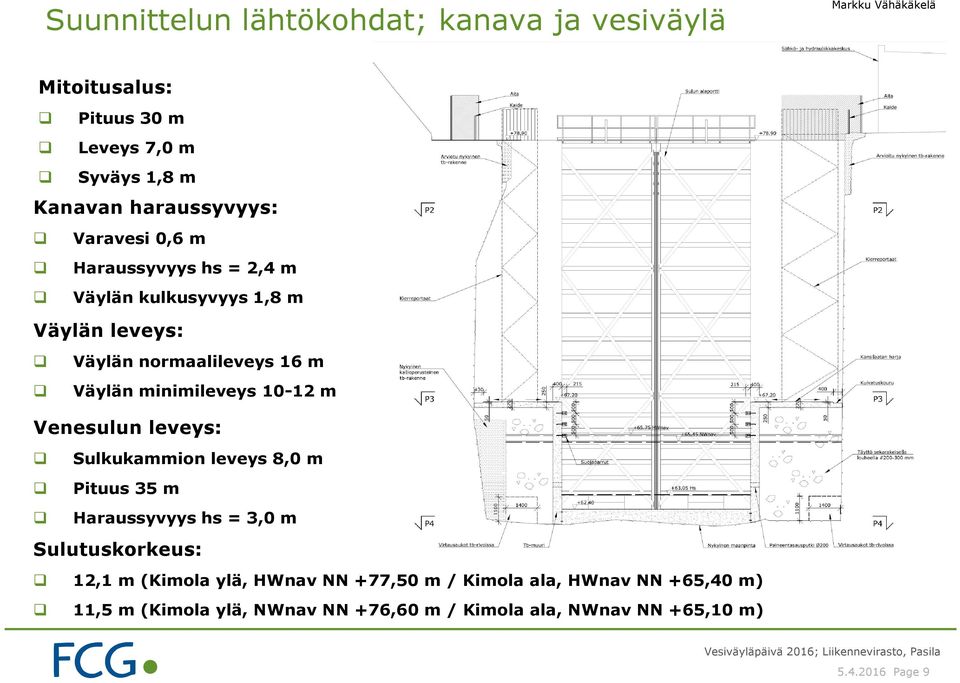 10-12 m Venesulun leveys: Sulkukammion leveys 8,0 m Pituus 35 m Haraussyvyys hs = 3,0 m Sulutuskorkeus: 12,1 m (Kimola ylä,