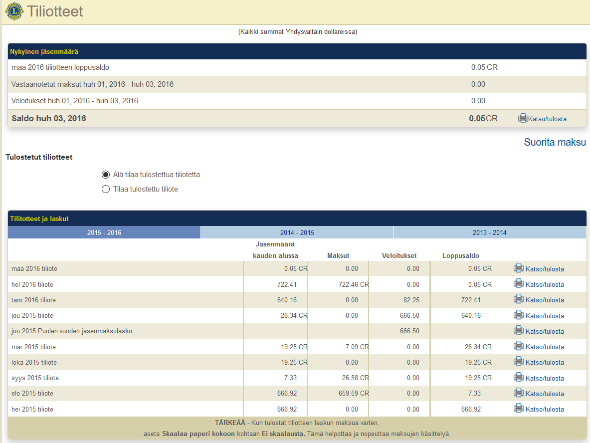 Rahastonhoitaja Sivu 6 / 15 5 Tiliote Tiliotteen yläreunassa näet klubisi nykytilanteen. Kunkin kuukauden tiliotteen voit katsoa valitsemalla Katso/tulosta kyseisen kuukauden kohdalla. Huom!