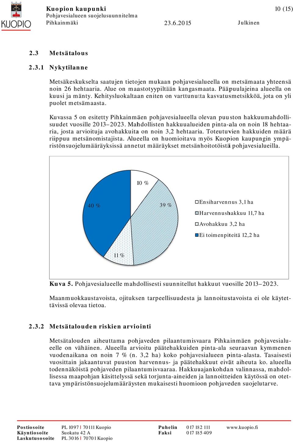 Kuvassa 5 on esitetty Pihkainmäen pohjavesialueella olevan puuston hakkuumahdolli- suudet vuosille 2013 2023.