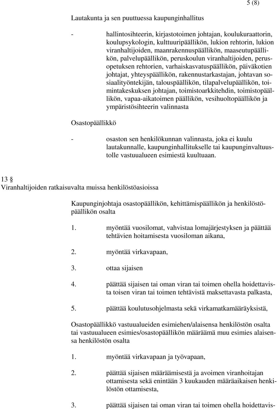 rakennustarkastajan, johtavan sosiaalityöntekijän, talouspäällikön, tilapalvelupäällikön, toimintakeskuksen johtajan, toimistoarkkitehdin, toimistopäällikön, vapaa-aikatoimen päällikön,