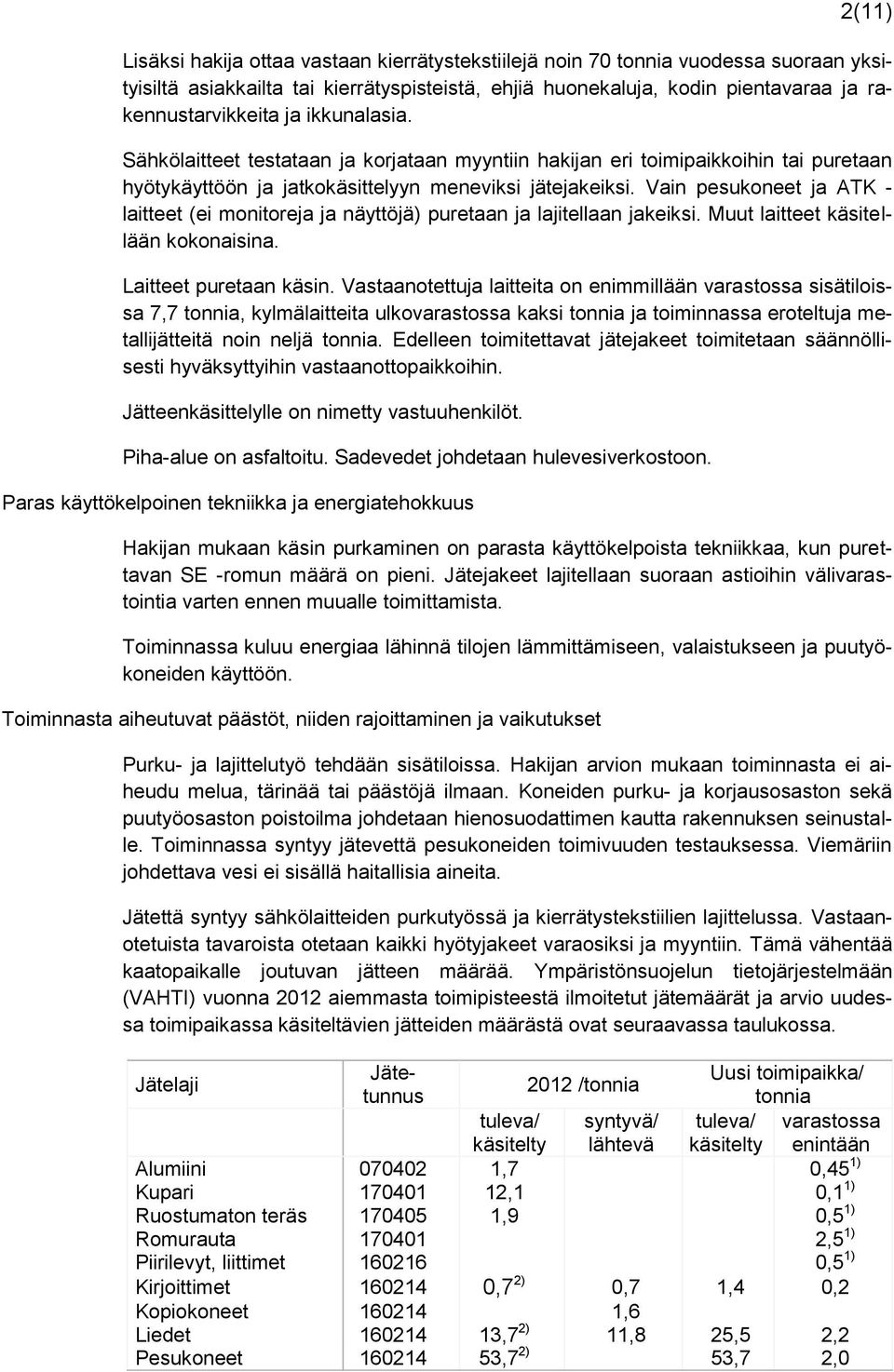 Vain pesukoneet ja ATK - laitteet (ei monitoreja ja näyttöjä) puretaan ja lajitellaan jakeiksi. Muut laitteet käsitellään kokonaisina. Laitteet puretaan käsin.