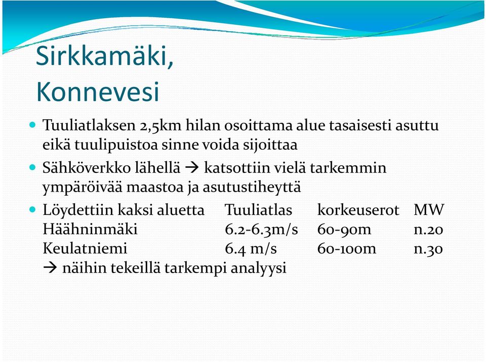 äöiää maastoa ja asutustiheyttä Löydettiin kaksi aluetta Tuuliatlas korkeuserot MW