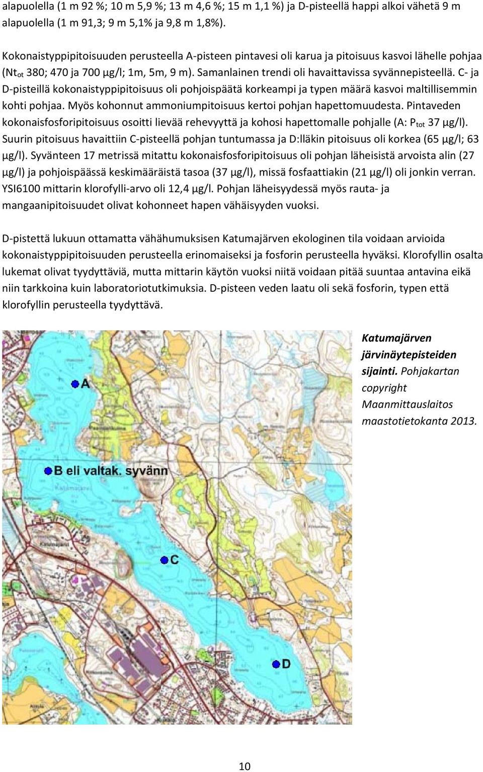 C ja D pisteillä kokonaistyppipitoisuus oli pohjoispäätä korkeampi ja typen määrä kasvoi maltillisemmin kohti pohjaa. Myös kohonnut ammoniumpitoisuus kertoi pohjan hapettomuudesta.