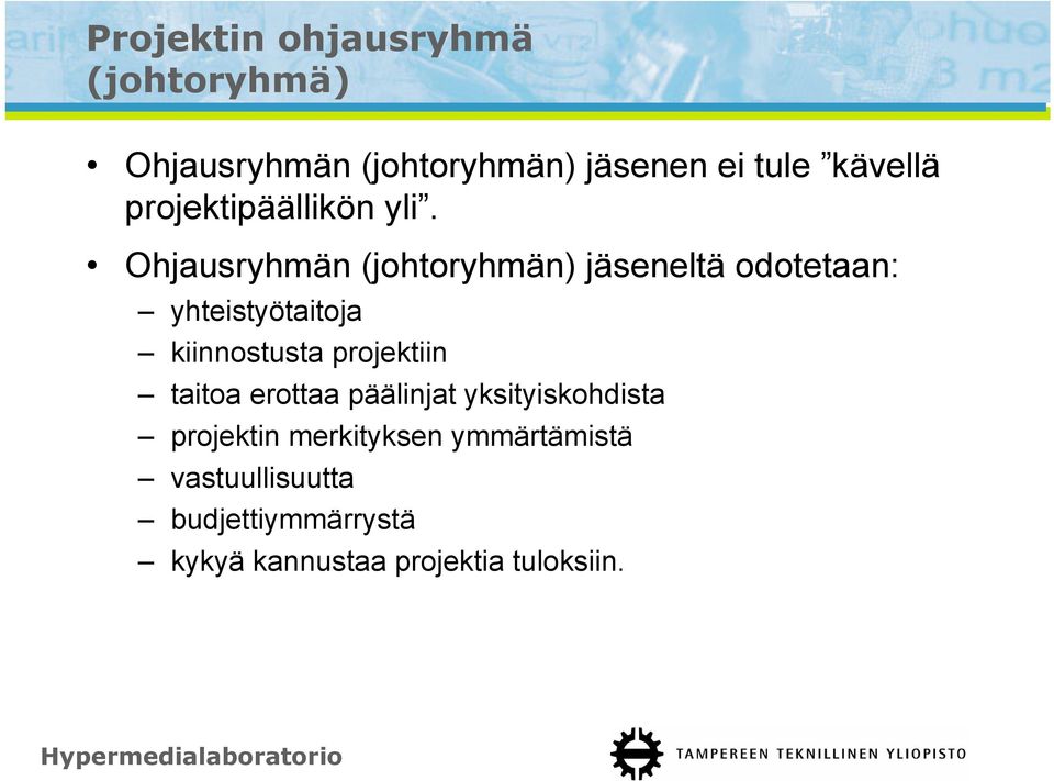 Ohjausryhmän (johtoryhmän) jäseneltä odotetaan: yhteistyötaitoja kiinnostusta