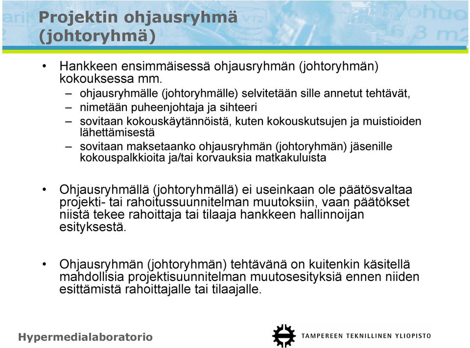 sovitaan maksetaanko ohjausryhmän (johtoryhmän) jäsenille kokouspalkkioita ja/tai korvauksia matkakuluista Ohjausryhmällä (johtoryhmällä) ei useinkaan ole päätösvaltaa projekti- tai
