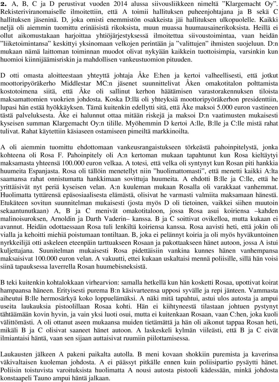 Heillä ei ollut aikomustakaan harjoittaa yhtiöjärjestyksessä ilmoitettua siivoustoimintaa, vaan heidän liiketoimintansa keskittyi yksinomaan velkojen perintään ja valittujen ihmisten suojeluun.