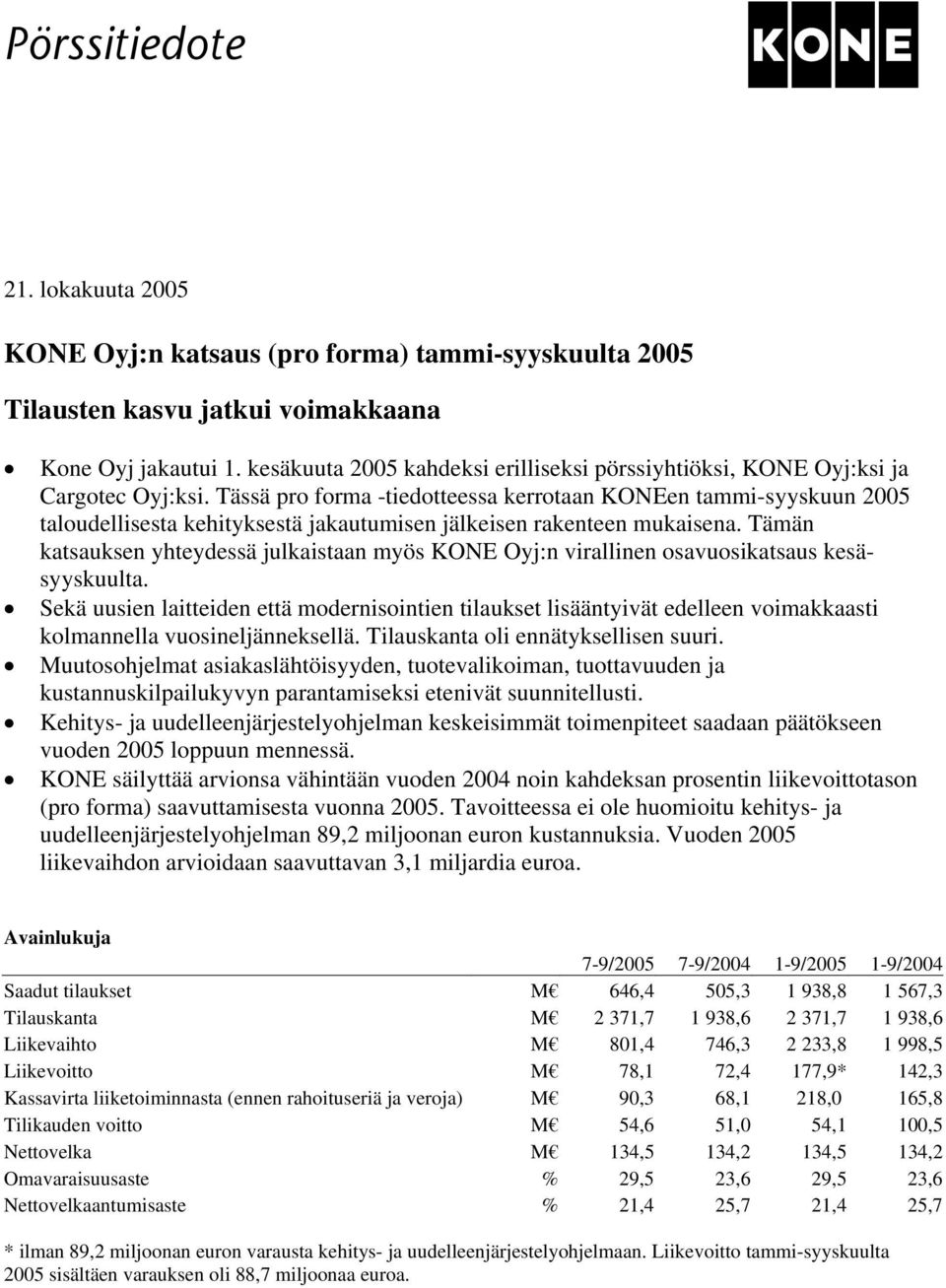 Tässä pro forma -tiedotteessa kerrotaan KONEen tammi-syyskuun 2005 taloudellisesta kehityksestä jakautumisen jälkeisen rakenteen mukaisena.