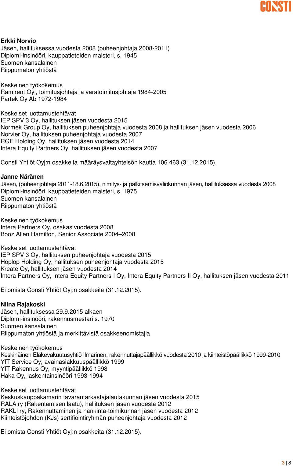 puheenjohtaja vuodesta 2008 ja hallituksen jäsen vuodesta 2006 Norvier Oy, hallituksen puheenjohtaja vuodesta 2007 RGE Holding Oy, hallituksen jäsen vuodesta 2014 Intera Equity Partners Oy,