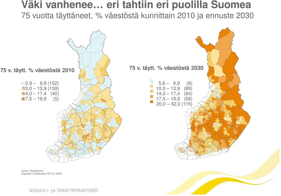 % väestöstä 2010 2,9 9,9 (152) 10,0 13,9 (139) 14,0 17,4 (40) 17,5 19,9 (5) 75 v. täytt.