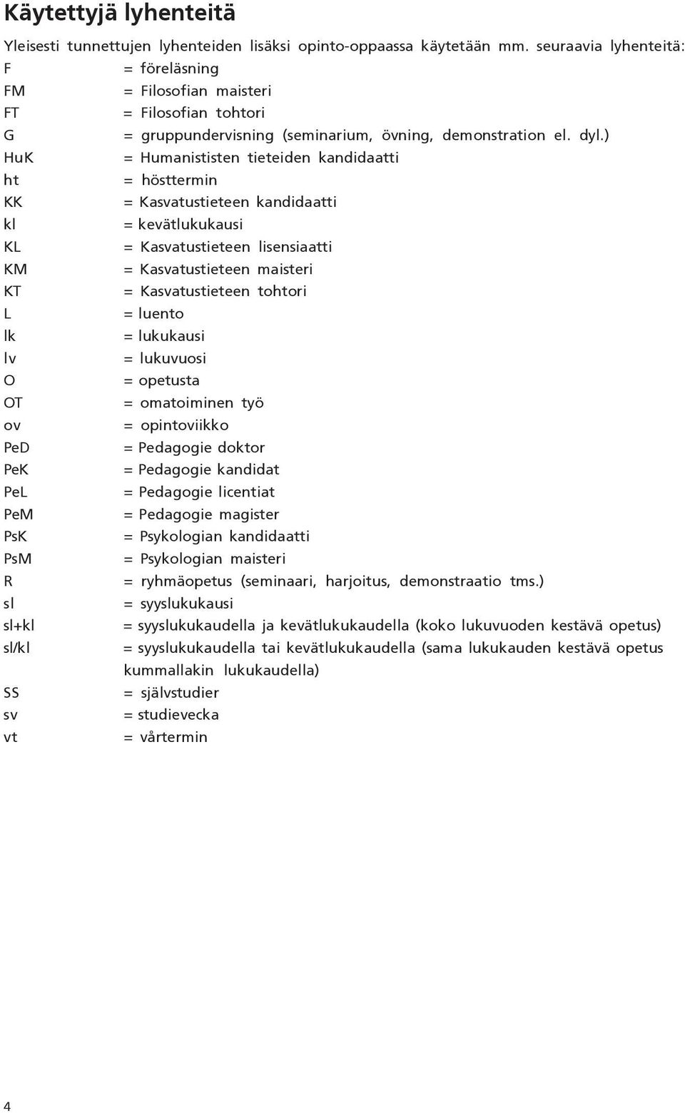) HuK = Humanististen tieteiden kandidaatti ht = hösttermin KK = Kasvatustieteen kandidaatti kl = kevätlukukausi KL = Kasvatustieteen lisensiaatti KM = Kasvatustieteen maisteri KT = Kasvatustieteen