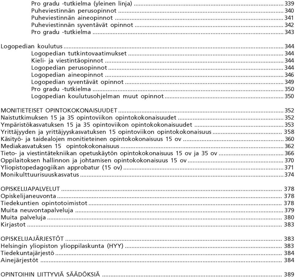 .. 350 Logopedian koulutusohjelman muut opinnot... 350 MONITIETEISET OPINTOKOKONAISUUDET... 352 Naistutkimuksen 15 ja 35 opintoviikon opintokokonaisuudet.