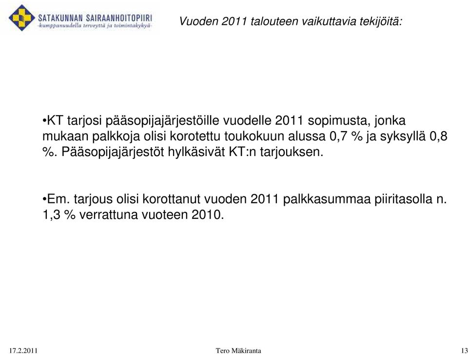 0,8 %. Pääsopijajärjestöt hylkäsivät KT:n tarjouksen. Em.