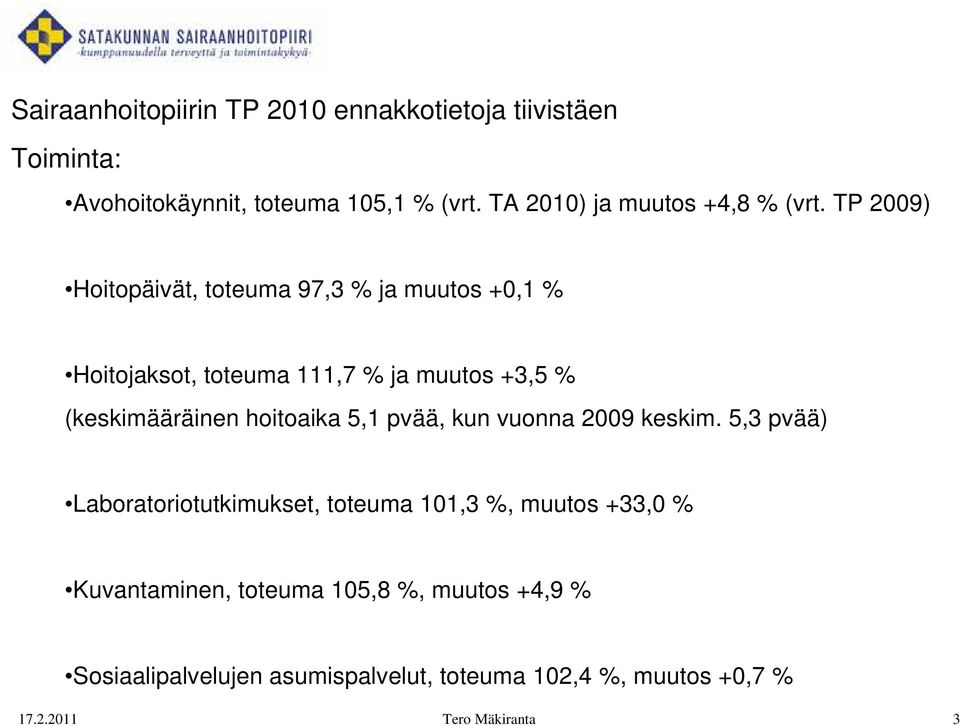 TP 2009) Hoitopäivät, toteuma 97,3 % ja muutos +0,1 % Hoitojaksot, toteuma 111,7 % ja muutos +3,5 % (keskimääräinen