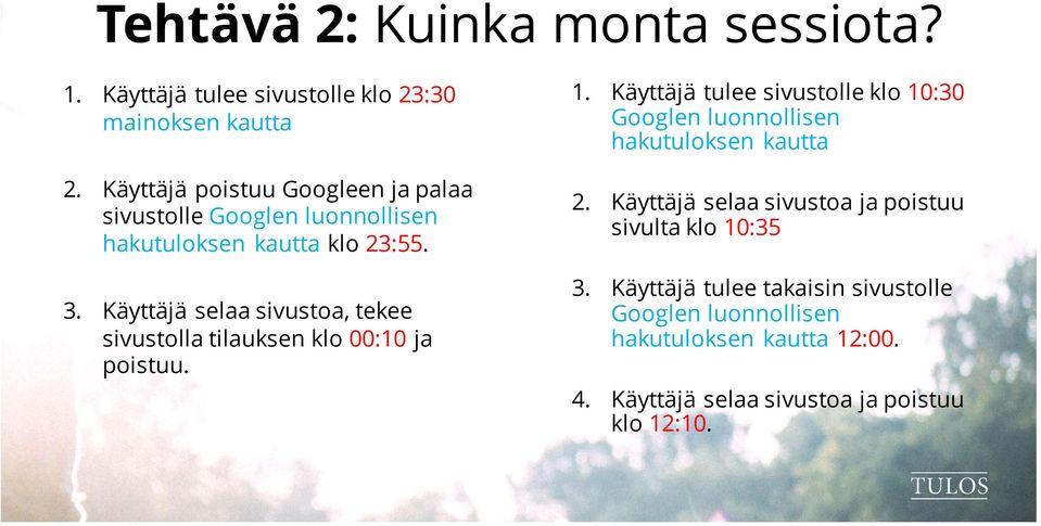 Käyttäjä selaa sivustoa, tekee sivustolla tilauksen klo 00:10 ja poistuu. 1.