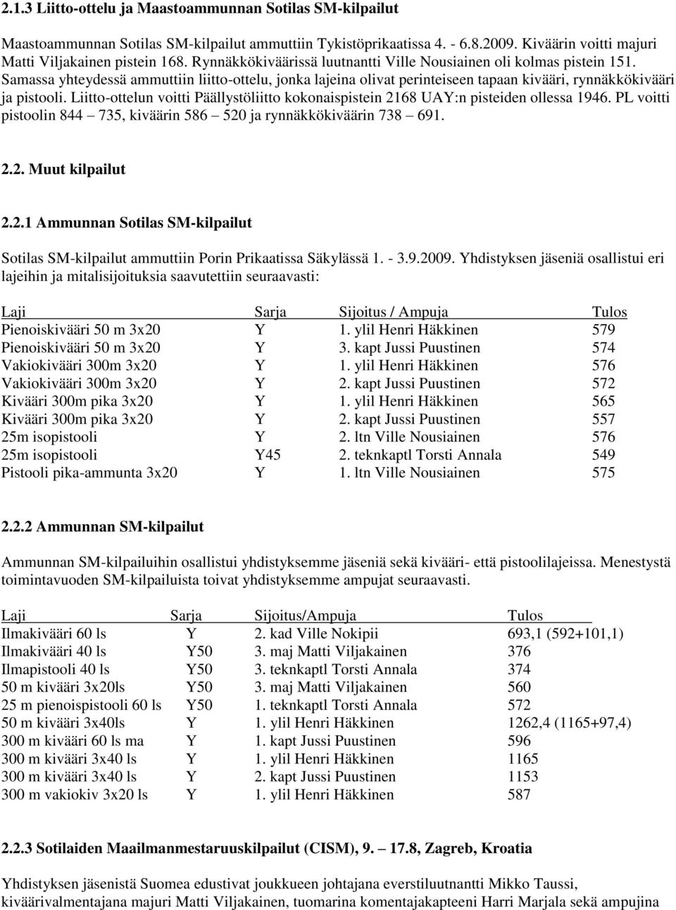 Liitto-ottelun voitti Päällystöliitto kokonaispistein 2168 UAY:n pisteiden ollessa 1946. PL voitti pistoolin 844 735, kiväärin 586 520 ja rynnäkkökiväärin 738 691. 2.2. Muut kilpailut 2.2.1 Ammunnan Sotilas SM-kilpailut Sotilas SM-kilpailut ammuttiin Porin Prikaatissa Säkylässä 1.