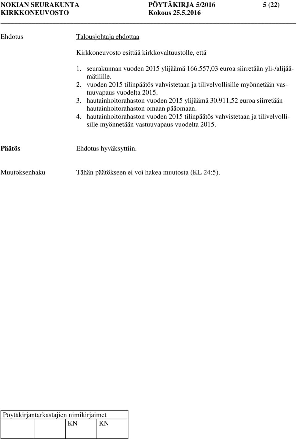 3. hautainhoitorahaston vuoden 2015 ylijäämä 30.911,52 euroa siirretään hautainhoitorahaston omaan pääomaan. 4.