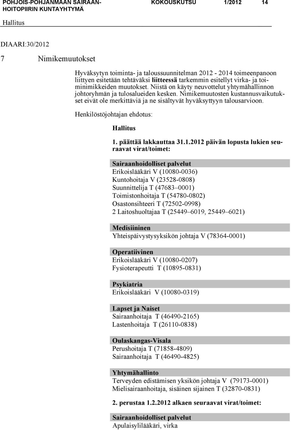 Nimikemuutosten kustannusvaikutukset eivät ole merkittäviä ja ne sisältyvät hyväksyttyyn talousarvioon. Henkilöstöjohtajan ehdotus: 1.