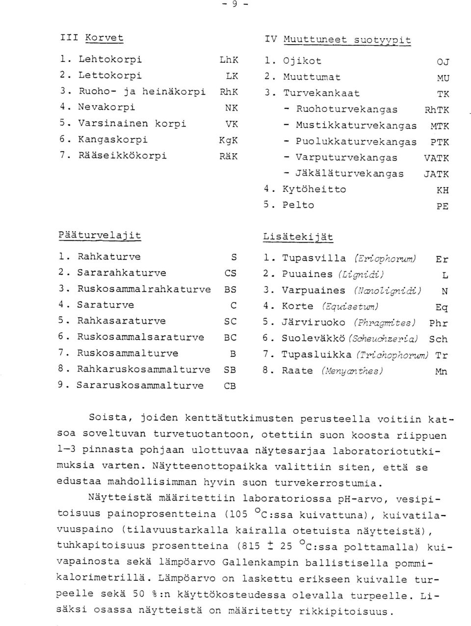 Pelto PE Pääturvelajit Lisätekijä t 1. Rahkaturve S 1. Tupasvilla (Eriophorum) E r 2. Sararahkaturve CS 2. Puuaines (Lignidz) L 3. Ruskosammalrahkaturve BS 3. Varpuaines (Ncazoiignidi) N 4.