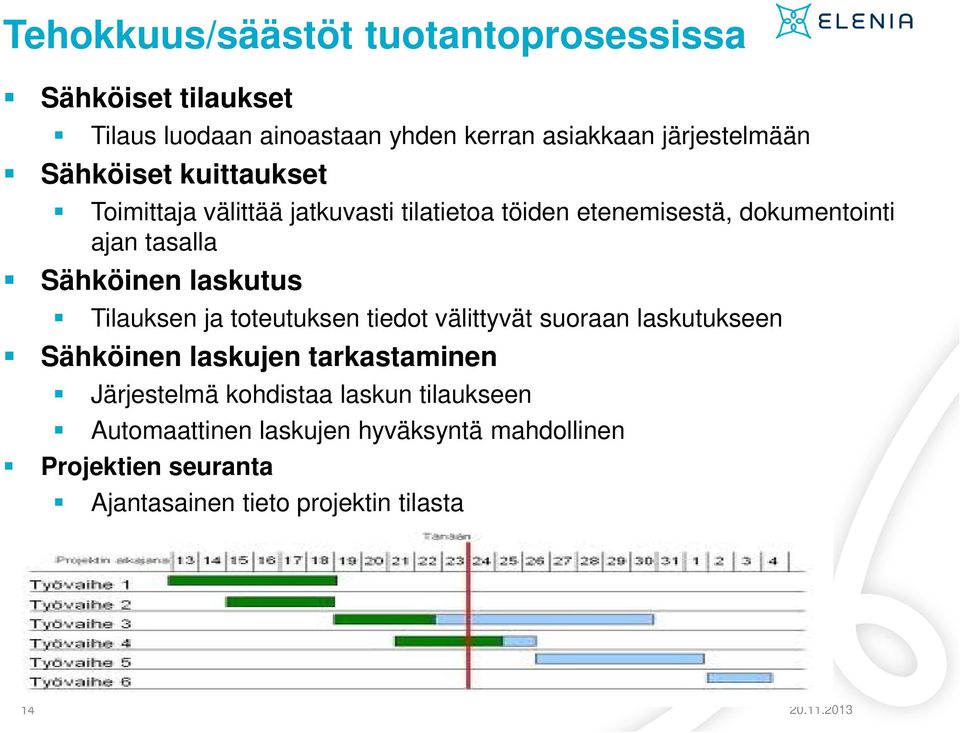 laskutus Tilauksen ja toteutuksen tiedot välittyvät suoraan laskutukseen Sähköinen laskujen tarkastaminen Järjestelmä