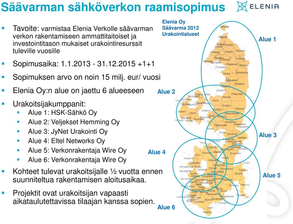 eur/ vuosi Elenia Oy:n alue on jaettu 6 alueeseen Urakoitsijakumppanit: Alue 1: HSK-Sähkö Oy Alue 2: Veljekset Hemming Oy Alue 3: JyNet Urakointi Oy Alue 4: Eltel Networks Oy Alue 5: